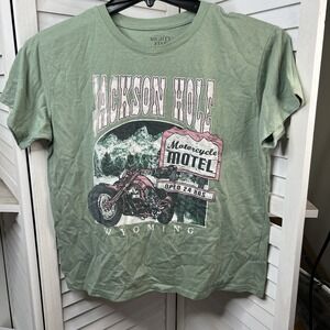 Jackson Hole Wyoming Motorcycle Motel Tee Green Women's Lg Mighty Fine‎ Shirt